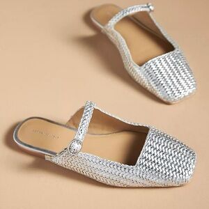 NWOB ANTHROPOLOGIE Silver Woven Mary Jane Flats Mules
